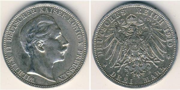 3 Mark Reino de Prusia (1701-1918) Plata Wilhelm II, German Emperor (1859-1941)