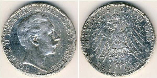3 Mark Reino de Prusia (1701-1918) Plata Wilhelm II, German Emperor (1859-1941)