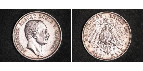 3 Mark Reino de Sajonia (1806 - 1918) Plata Federico Augusto III de Sajonia (1865-1932)
