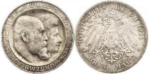 3 Mark Reino de Wurtemberg (1806-1918) Plata Wilhelm II, German Emperor (1859-1941)