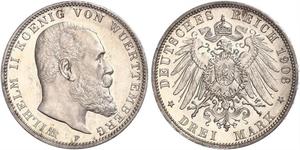 3 Mark Reino de Wurtemberg (1806-1918) Plata Wilhelm II, German Emperor (1859-1941)