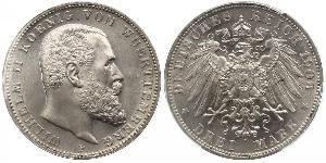 3 Mark Reino de Wurtemberg (1806-1918) Plata Wilhelm II, German Emperor (1859-1941)