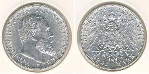 3 Mark Reino de Wurtemberg (1806-1918) Plata Wilhelm II, German Emperor (1859-1941)