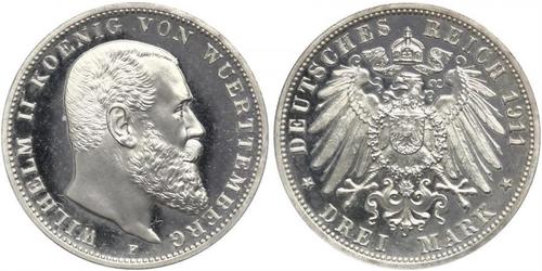 3 Mark Reino de Wurtemberg (1806-1918) Plata Wilhelm II, German Emperor (1859-1941)