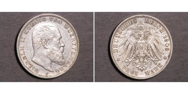3 Mark Reino de Wurtemberg (1806-1918) Plata Wilhelm II, German Emperor (1859-1941)