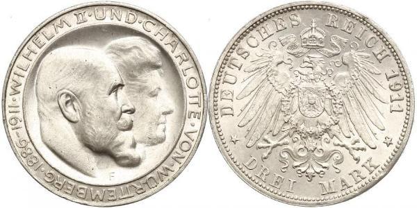 3 Mark Reino de Wurtemberg (1806-1918) Plata Wilhelm II, German Emperor (1859-1941)