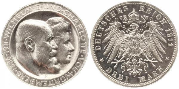 3 Mark Reino de Wurtemberg (1806-1918) Plata Wilhelm II, German Emperor (1859-1941)