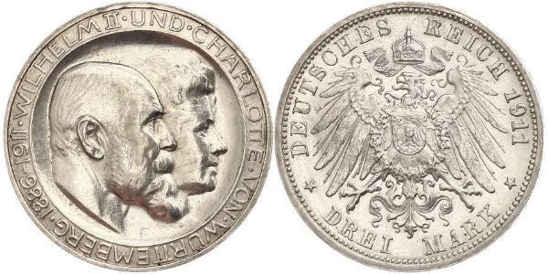 3 Mark Reino de Wurtemberg (1806-1918) Plata Wilhelm II, German Emperor (1859-1941)