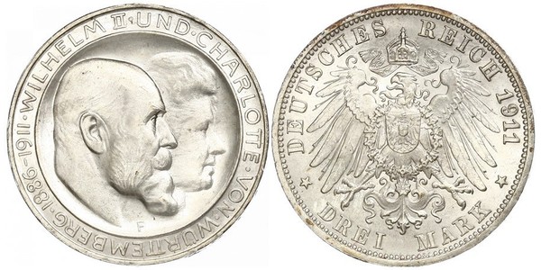 3 Mark Reino de Wurtemberg (1806-1918) Plata Wilhelm II, German Emperor (1859-1941)