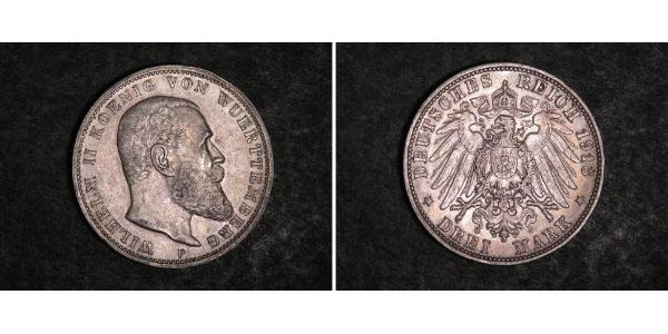 3 Mark Reino de Wurtemberg (1806-1918) Plata Wilhelm II, German Emperor (1859-1941)