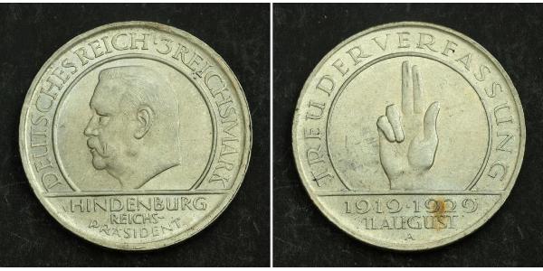 3 Mark República de Weimar (1918-1933) Plata Paul von Hindenburg