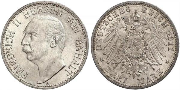 3 Mark Anhalt-Dessau (1603 -1863) Silber Friedrich II. (Anhalt)(1856 – 1918)