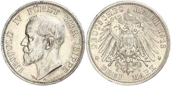 3 Mark Fürstentum Lippe (1123 - 1918) Silber Leopold IV. (Lippe)