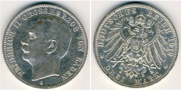 3 Mark Grand Duchy of Baden (1806-1918) Silber Friedrich II. (Baden, Großherzog) (1857 - 1928)