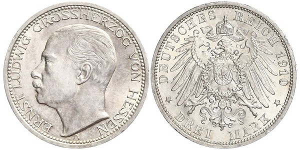 3 Mark Großherzogtum Hessen (1806 - 1918) Silber Ernst Ludwig (Hessen-Darmstadt, Großherzog) (1868 - 1937)