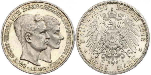 3 Mark Herzogtum Braunschweig (1815 - 1918) Silber Ernst August (Braunschweig) (1887 - 1953)