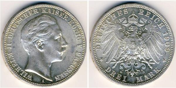 3 Mark Königreich Preußen (1701-1918) Silber Wilhelm II, German Emperor (1859-1941)