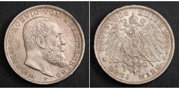 3 Mark Königreich Württemberg (1806-1918) Silber Wilhelm II, German Emperor (1859-1941)