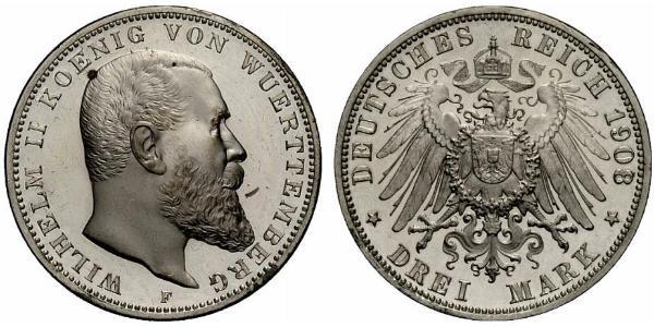 3 Mark Königreich Württemberg (1806-1918) Silber Wilhelm II, German Emperor (1859-1941)