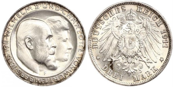 3 Mark Königreich Württemberg (1806-1918) Silber Wilhelm II, German Emperor (1859-1941)