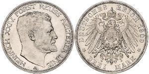 3 Mark Reuß älterer Linie (1778 - 1918) Silber Heinrich XXIV. (Reuß-Greiz)