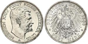 3 Mark Reuß älterer Linie (1778 - 1918) Silber Heinrich XXIV. (Reuß-Greiz)