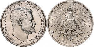 3 Mark Reuß älterer Linie (1778 - 1918) Silber Heinrich XXIV. (Reuß-Greiz)