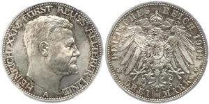 3 Mark Reuß älterer Linie (1778 - 1918) Silber Heinrich XXIV. (Reuß-Greiz)