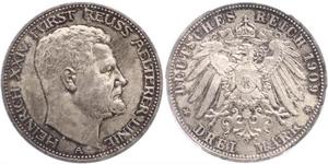 3 Mark Reuß älterer Linie (1778 - 1918) Silber Heinrich XXIV. (Reuß-Greiz)