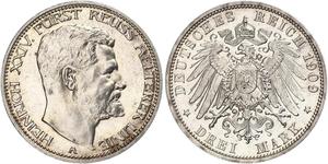 3 Mark Reuß älterer Linie (1778 - 1918) Silber Heinrich XXIV. (Reuß-Greiz)