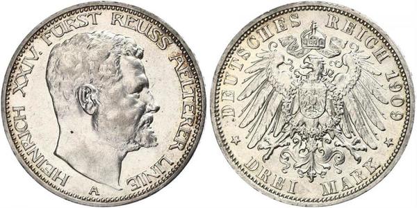 3 Mark Reuß älterer Linie (1778 - 1918) Silber Heinrich XXIV. (Reuß-Greiz)