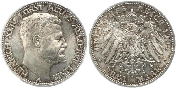 3 Mark Reuß älterer Linie (1778 - 1918) Silber Heinrich XXIV. (Reuß-Greiz)