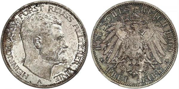 3 Mark Reuß älterer Linie (1778 - 1918) Silber Heinrich XXIV. (Reuß-Greiz)