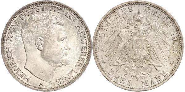 3 Mark Reuß älterer Linie (1778 - 1918) Silber Heinrich XXIV. (Reuß-Greiz)