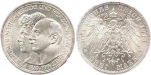 3 Mark Anhalt-Dessau (1603 -1863) Silver Friedrich II, Duke of Anhalt (1856 – 1918)