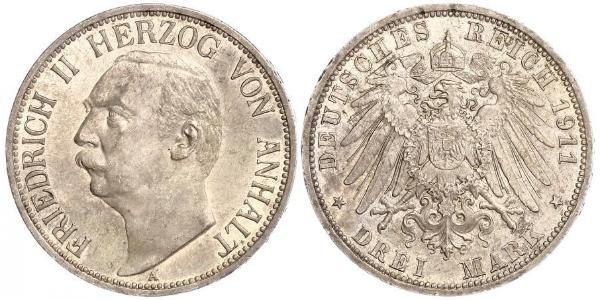 3 Mark Anhalt-Dessau (1603 -1863) Silver Friedrich II, Duke of Anhalt (1856 – 1918)