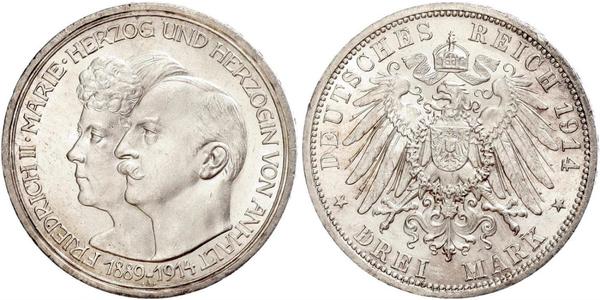 3 Mark Anhalt-Dessau (1603 -1863) Silver Friedrich II, Duke of Anhalt (1856 – 1918)