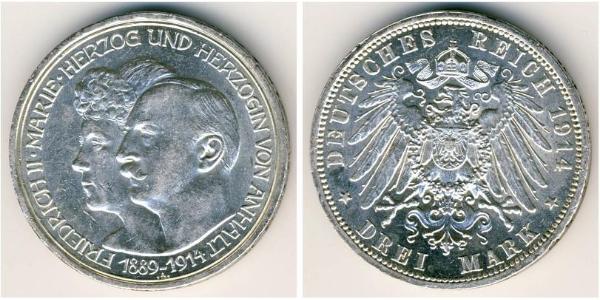 3 Mark Anhalt-Dessau (1603 -1863) Silver Friedrich II, Duke of Anhalt (1856 – 1918)