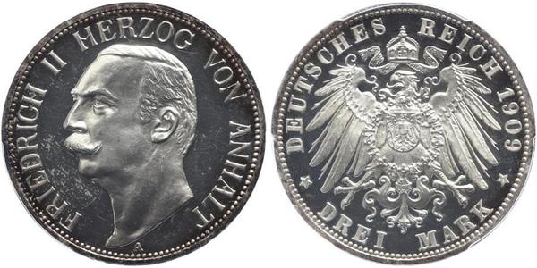 3 Mark Anhalt-Dessau (1603 -1863) Silver Friedrich II, Duke of Anhalt (1856 – 1918)