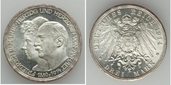 3 Mark Anhalt-Dessau (1603 -1863) Silver Friedrich II, Duke of Anhalt (1856 – 1918)