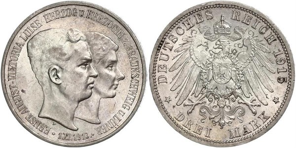 3 Mark Duchy of Brunswick (1815 - 1918) Silver Ernest Augustus, Duke of Brunswick (1887 - 1953)