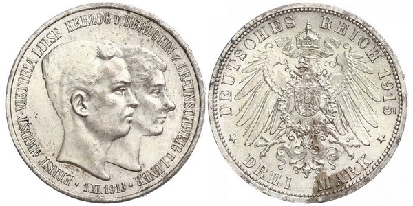 3 Mark Duchy of Brunswick (1815 - 1918) Silver Ernest Augustus, Duke of Brunswick (1887 - 1953)