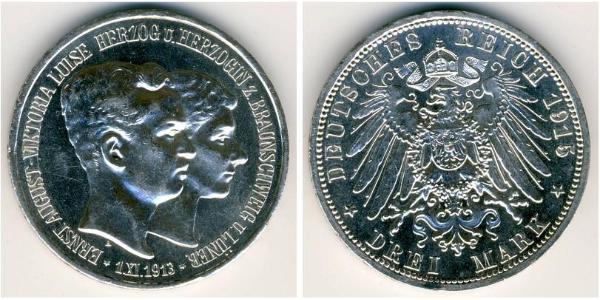3 Mark Duchy of Brunswick (1815 - 1918) Silver Ernest Augustus, Duke of Brunswick (1887 - 1953)
