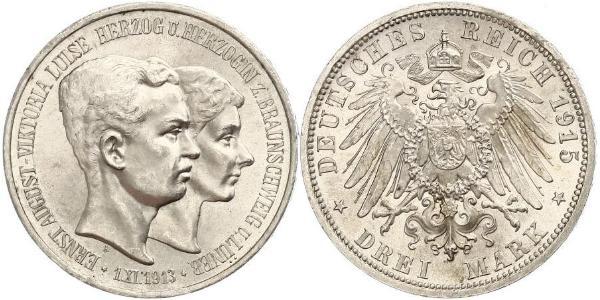 3 Mark Duchy of Brunswick (1815 - 1918) Silver Ernest Augustus, Duke of Brunswick (1887 - 1953)