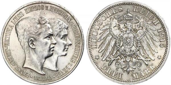 3 Mark Duchy of Brunswick (1815 - 1918) Silver Ernest Augustus, Duke of Brunswick (1887 - 1953)