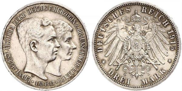 3 Mark Duchy of Brunswick (1815 - 1918) Silver Ernest Augustus, Duke of Brunswick (1887 - 1953)