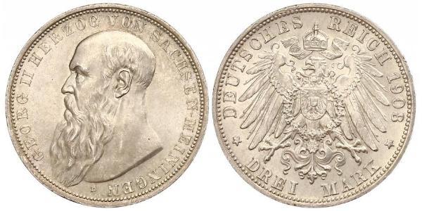 3 Mark Duchy of Saxe-Meiningen (1680 - 1918) Silver Georg II, Duke of Saxe-Meiningen