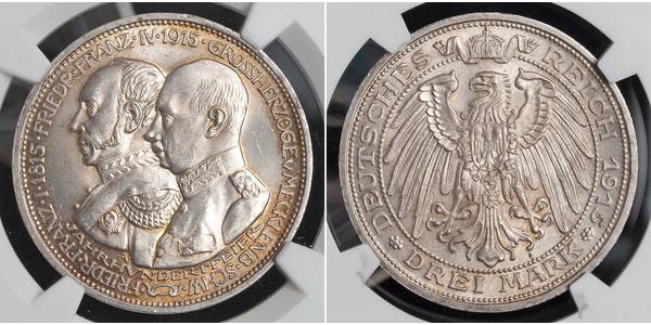 3 Mark German Empire (1871-1918) Silver Frederick Francis IV, Grand Duke of Mecklenburg (1882 - 1945)