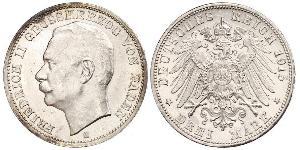 3 Mark Grand Duchy of Baden (1806-1918) Silver Frederick II, Grand Duke of Baden (1857 - 1928)