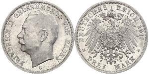 3 Mark Grand Duchy of Baden (1806-1918) Silver Frederick II, Grand Duke of Baden (1857 - 1928)